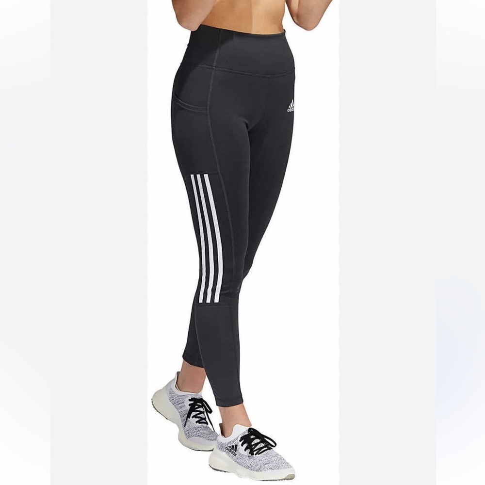 ADIDAS NWOT Black Tights leggings high rise Signature White Stripes large - Picture 2 of 8